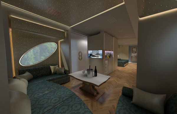 Кабината на водача включва контроли, вдъхновени от пилотската кабина на реактивен самолет. Уютно и комфортно благодарение на високите си нива на изолация, основното жилищно пространство на кемпера съдържа 4 метра дълъг диван, машина за лед и отворен кухненски бокс.
